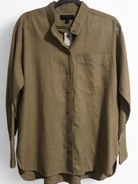 Banana Republic Linen Blend Button Down Shirt Women Large Tan Long Sleeve Pocket